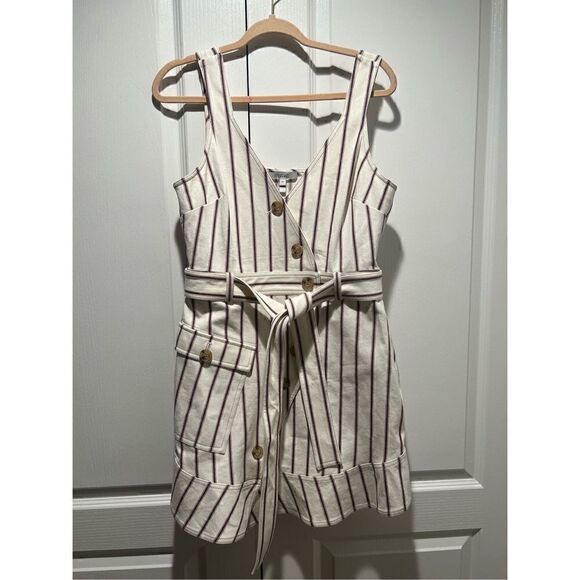 DEREK LAM 10 CROSBY Belted Asymmetrical Placket Pencil Striped Dress Size: 10 - Picture 3 of 6